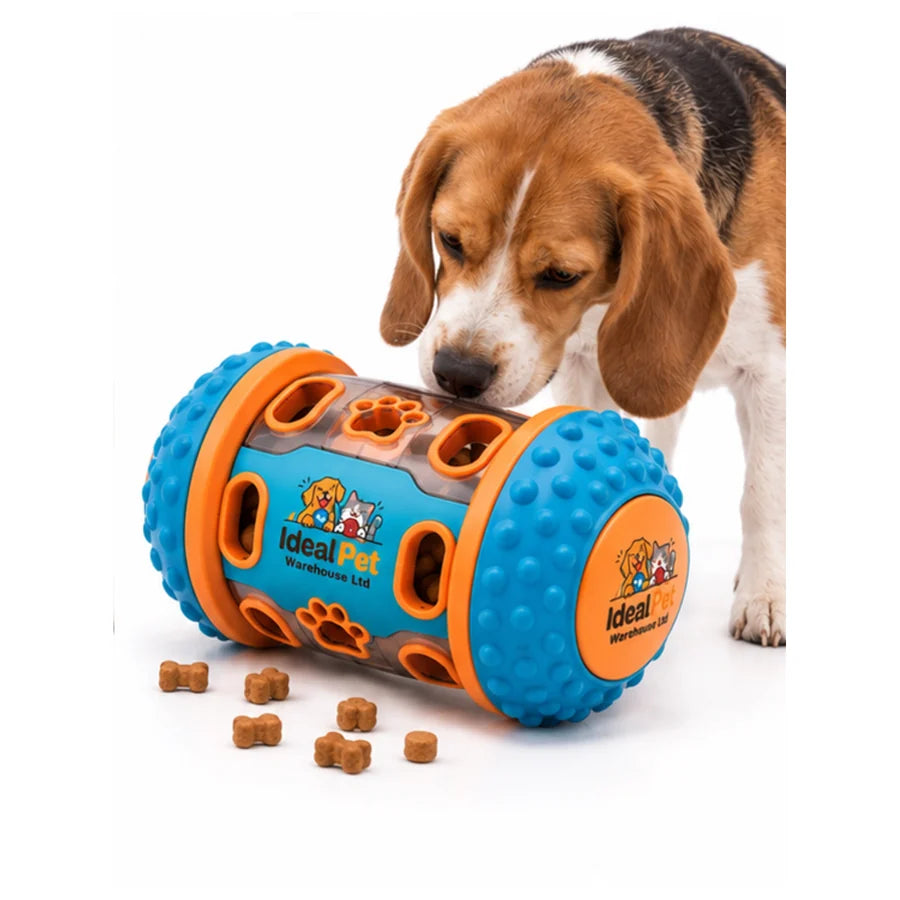 Beagle playing with the Ideal Pet Warehouse Ltd Blue/Orange Dog Treat-Dispensing Puzzle Drum