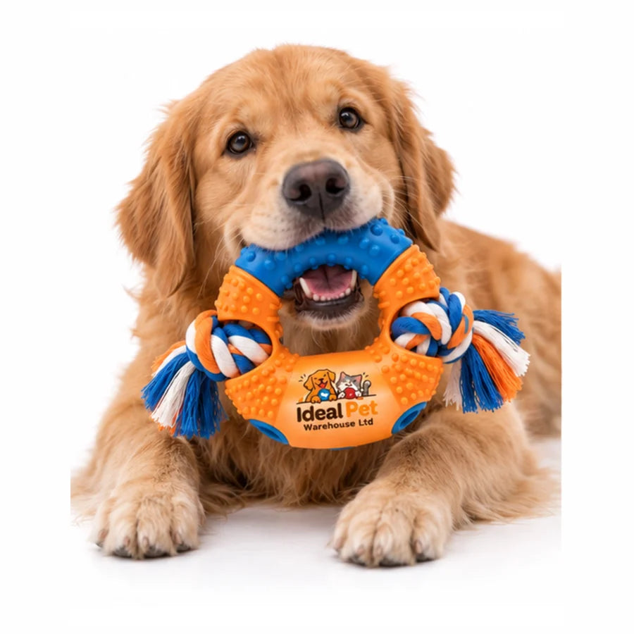 Golden retriever holding the Ideal Pet Warehouse Ltd Orange/Blue Dog Ring-and-Rope Tug Toy