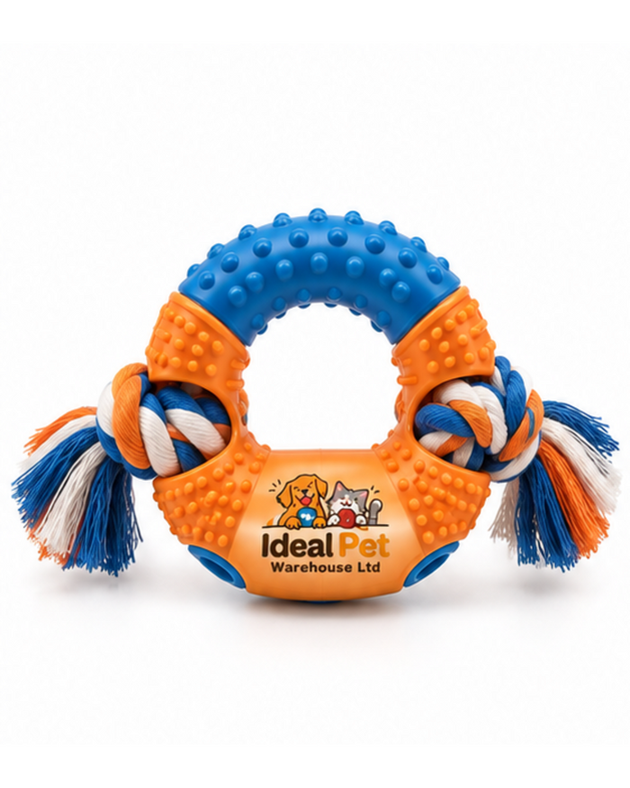 Ideal Pet Warehouse Ltd Orange/Blue Dog Ring-and-Rope Tug Toy