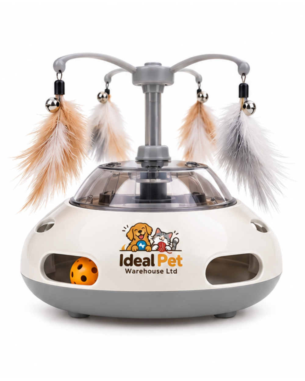 Ideal Pet Warehouse Ltd White/Gray Cat Interactive Feather and Ball Toy