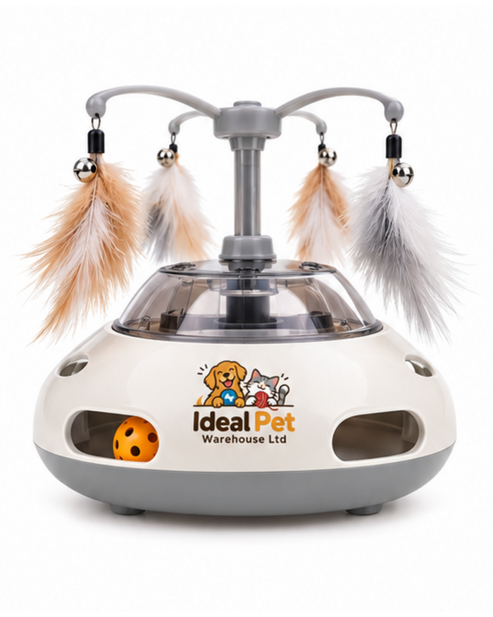 Ideal Pet Warehouse Ltd White/Gray Cat Interactive Feather and Ball Toy
