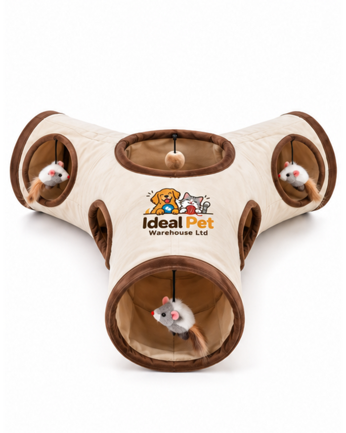 Ideal Pet Warehouse Ltd Beige/Brown 3-Way Cat Tunnel with Hanging Toys