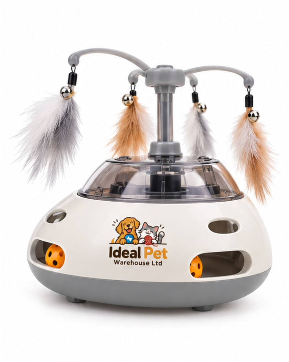 Ideal Pet Warehouse Ltd White/Gray Cat Interactive Feather and Ball Toy