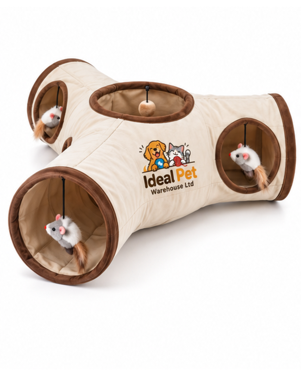 Ideal Pet Warehouse Ltd Beige/Brown 3-Way Cat Tunnel with Hanging Toys