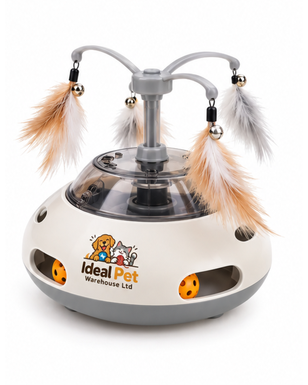 Ideal Pet Warehouse Ltd White/Gray Cat Interactive Feather and Ball Toy