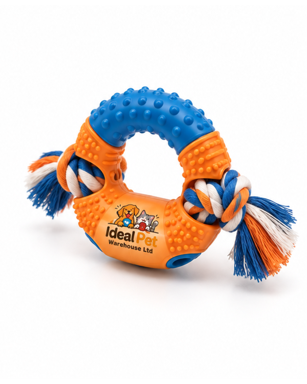 Ideal Pet Warehouse Ltd Orange/Blue Dog Ring-and-Rope Tug Toy