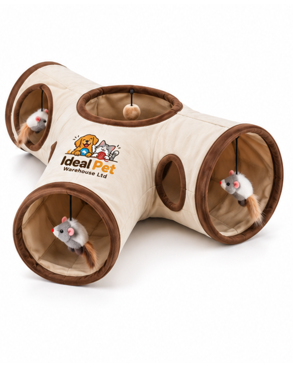 Ideal Pet Warehouse Ltd Beige/Brown 3-Way Cat Tunnel with Hanging Toys