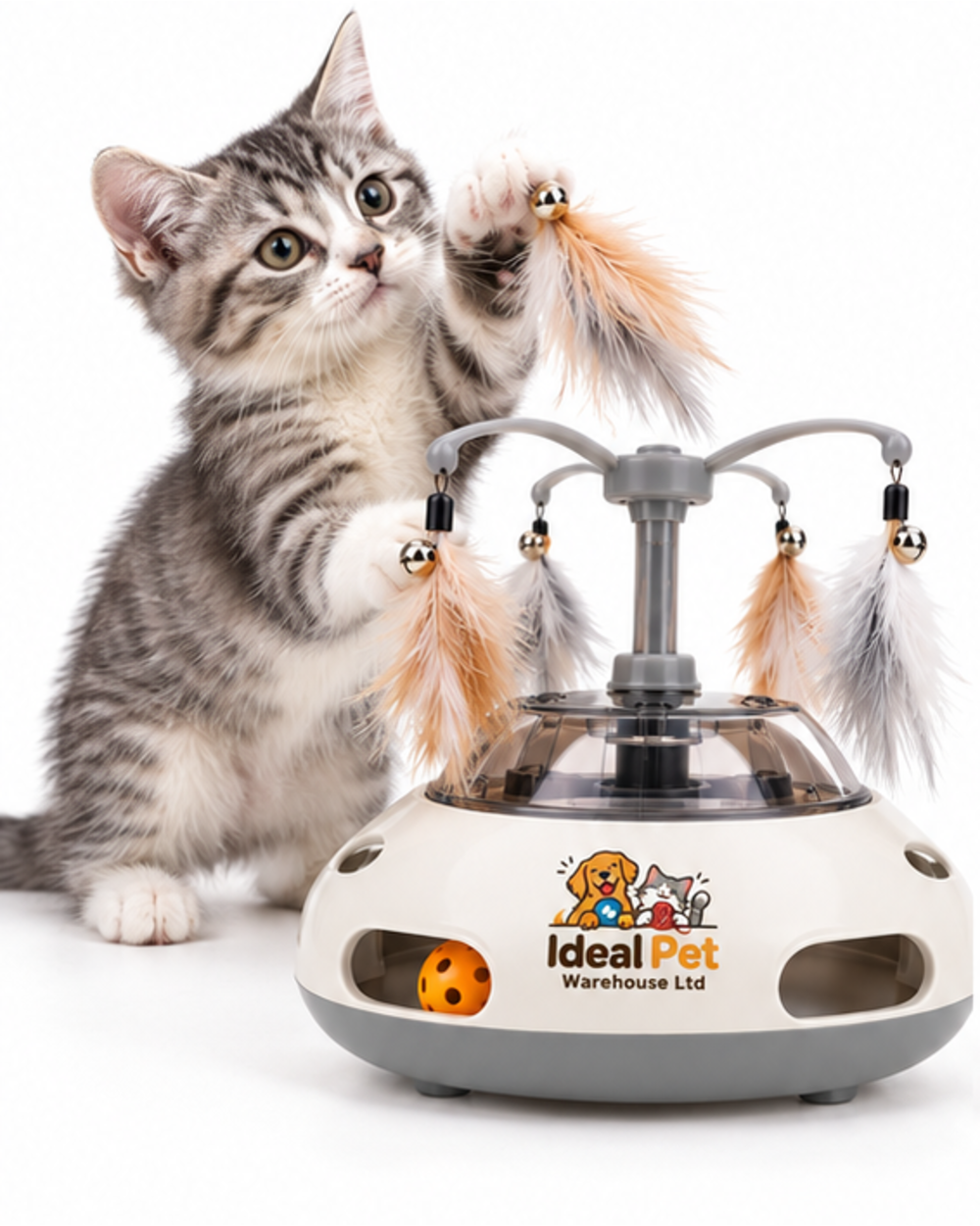 Ideal Pet Warehouse Ltd White/Gray Cat Interactive Feather and Ball Toy
