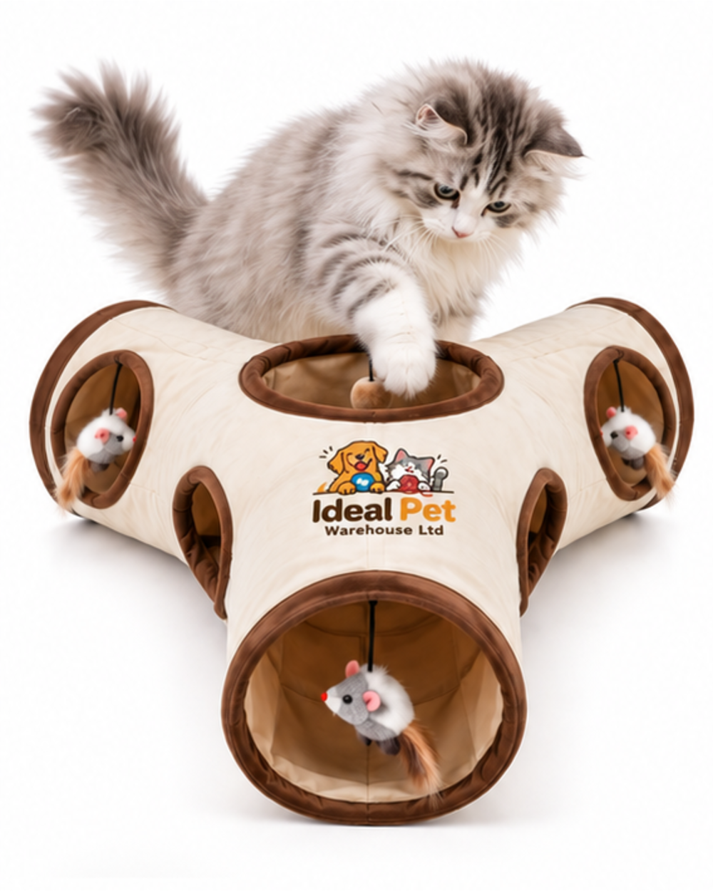 Ideal Pet Warehouse Ltd Beige/Brown 3-Way Cat Tunnel with Hanging Toys