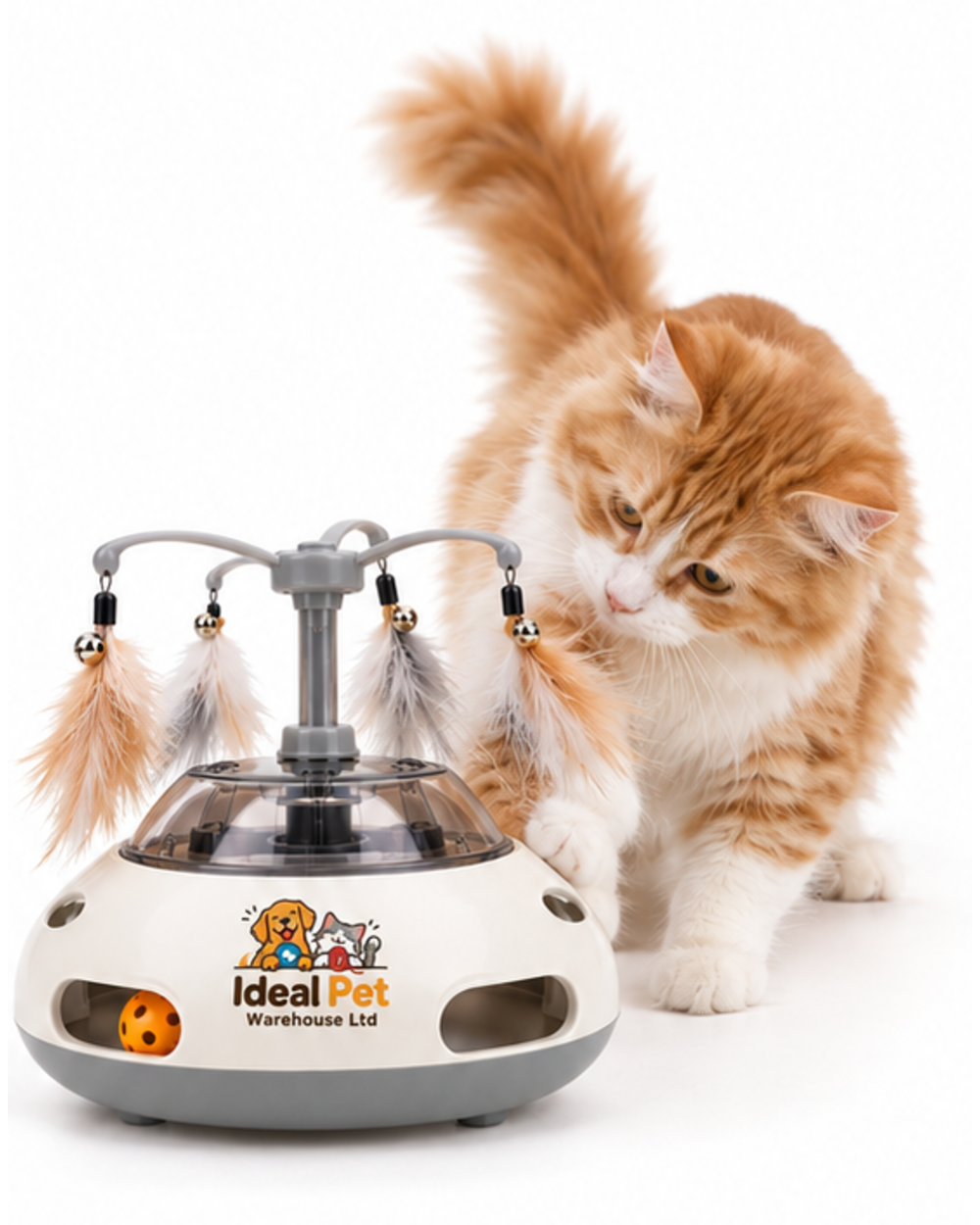 Ideal Pet Warehouse Ltd White/Gray Cat Interactive Feather and Ball Toy