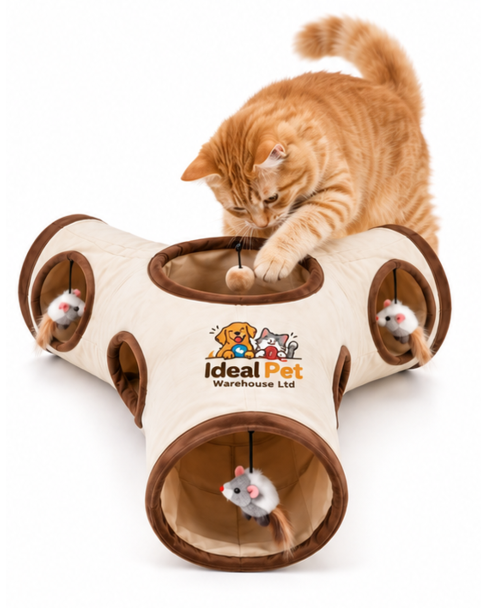 Ideal Pet Warehouse Ltd Beige/Brown 3-Way Cat Tunnel with Hanging Toys