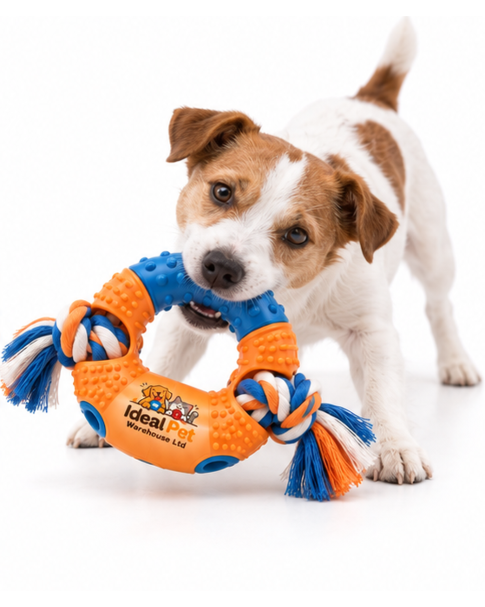 Ideal Pet Warehouse Ltd Orange/Blue Dog Ring-and-Rope Tug Toy
