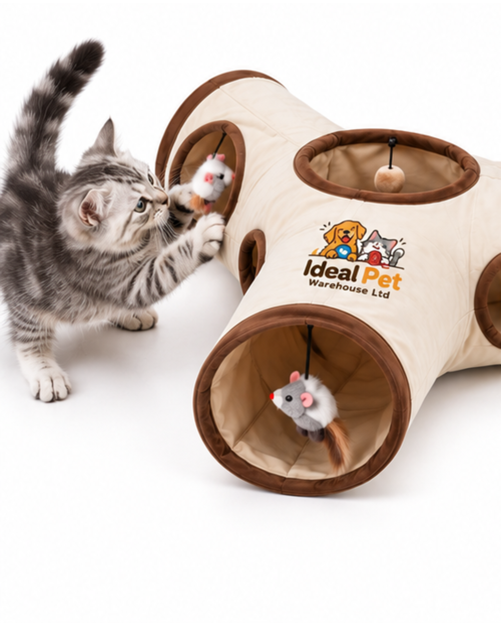 Ideal Pet Warehouse Ltd Beige/Brown 3-Way Cat Tunnel with Hanging Toys