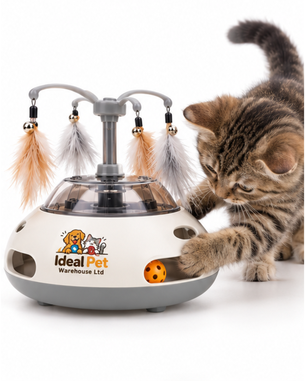 Ideal Pet Warehouse Ltd White/Gray Cat Interactive Feather and Ball Toy