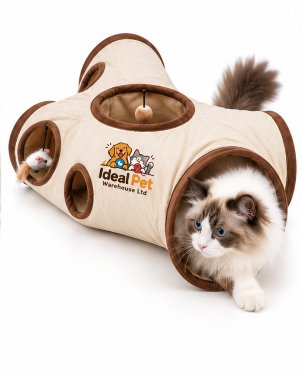 Ideal Pet Warehouse Ltd Beige/Brown 3-Way Cat Tunnel with Hanging Toys