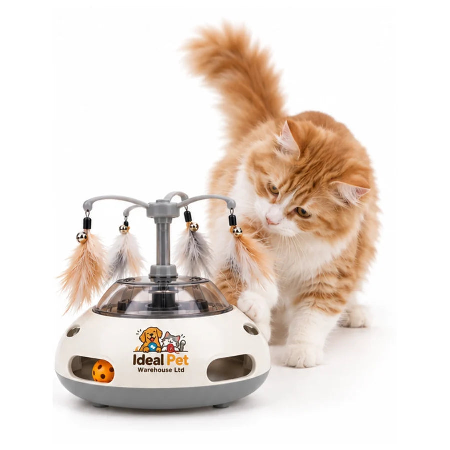 Orange kitten playing with the Ideal Pet Warehouse Ltd White/Gray Cat Interactive Feather and Ball Toy